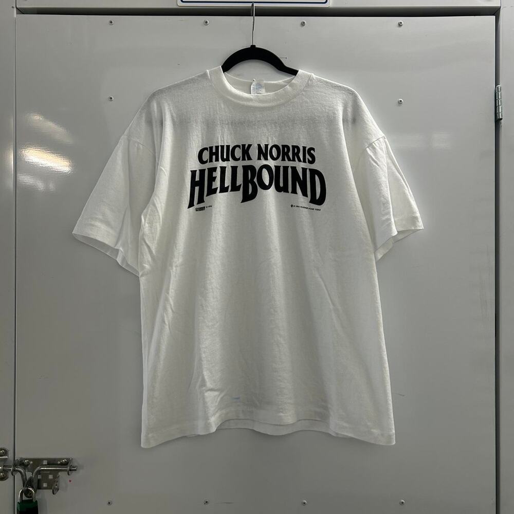 VTG 90s White Chuck Norris Hellbound Movie Promo T-shirt